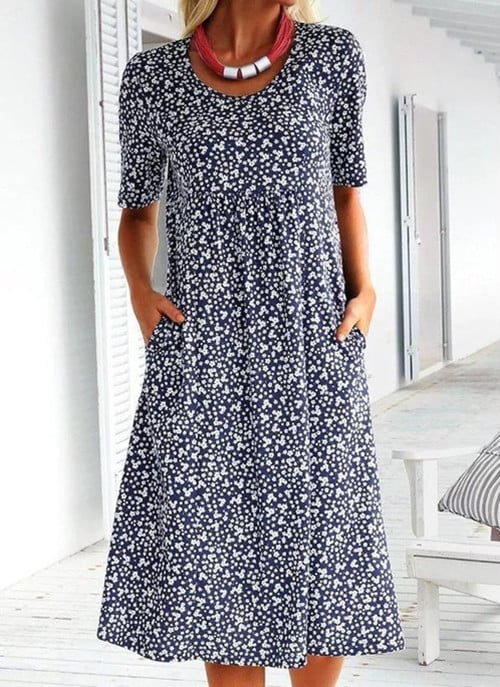 💖2026 Elegáns kerek nyakú, virágos, csillagos, elegáns virágos ruha