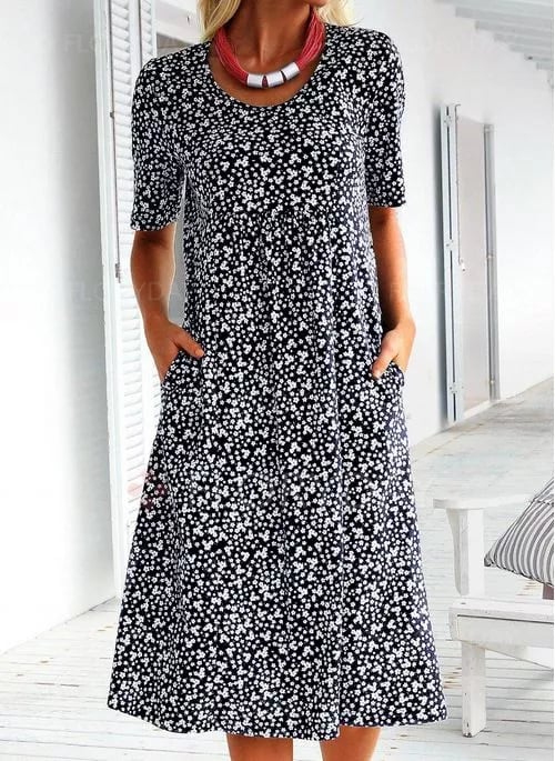 💖2026 Elegáns kerek nyakú, virágos, csillagos, elegáns virágos ruha