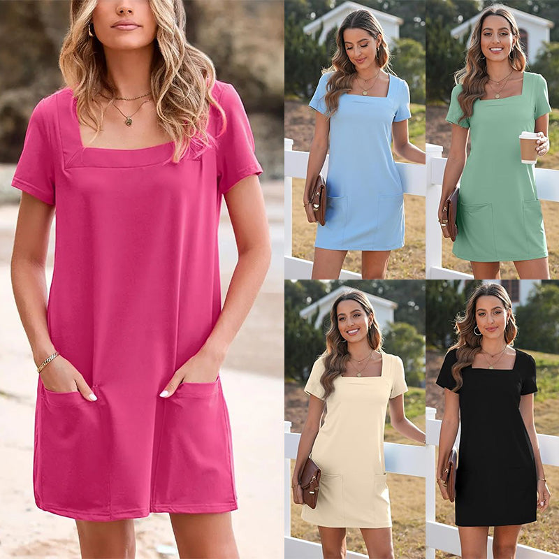 【S-2XL】💕Négyzet alakú nyak zseb rövid ujjú ruha